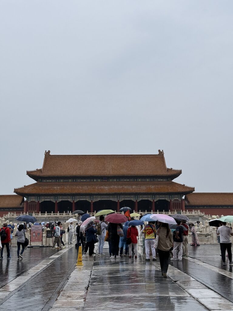 雨中的故宫，伞和湿润的石板路。